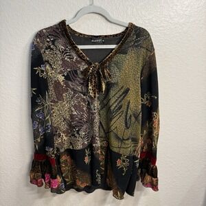 LEE ANDERSEN Eclectic Patchwork Unique Artsy Lagenlook Long Sleeve Boho Top Sz M